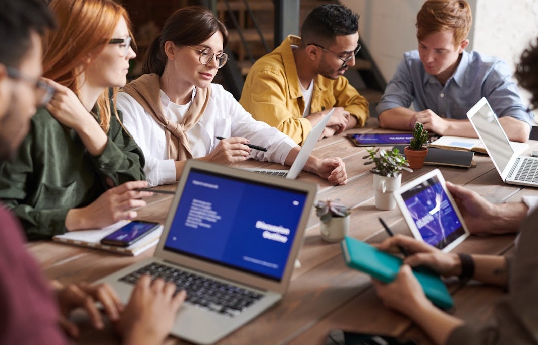 Digital marketing team collaborating on a campaign.